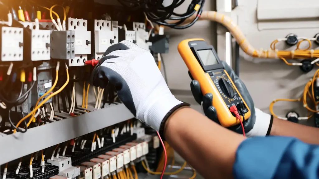 Ein Elektriker mit isolierenden Handschuhen misst mit einem gelben Multimeter die Spannung an Bauteilen in einem Schaltschrank.