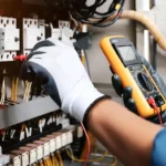 Ein Elektriker mit isolierenden Handschuhen misst mit einem gelben Multimeter die Spannung an Bauteilen in einem Schaltschrank.